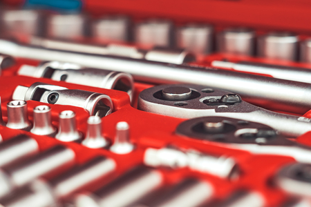 Set of tools for car repair in box, closeup