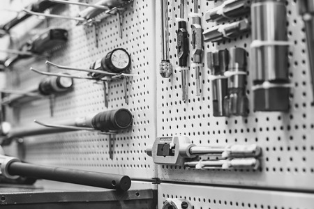 Electric tools for construction on the stand in the shopの写真素材