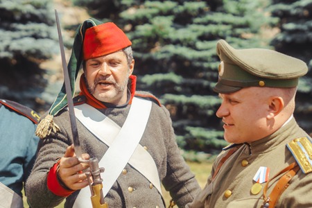 Novokuzneck, Russia - 01.07.2018: unidentified soldiers in a row for the reconstruction of Napoleon's maneuversのeditorial素材