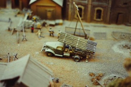 Novokuzneck, Russia - 26.07.2018: Wargaming miniatures depicting Soviet troops during world war II, in a rural villageのeditorial素材