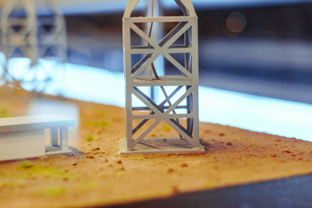 City street maquette, roads with cars, evening illumination. City architectural modelの写真素材