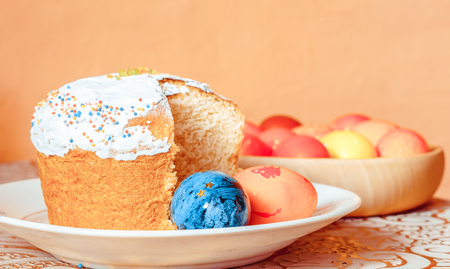 Easter bread and eggs with apple blossom