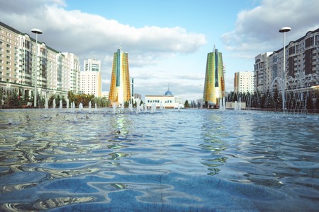 ASTANA, KAZAKHSTAN - 3.09.2018: skyscrapers in Kazakhstan different skyscrapers in the city center. Cloudy weather in the capital.のeditorial素材