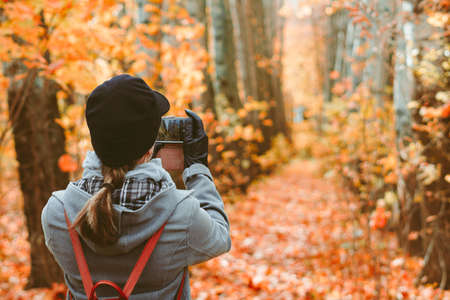 a girl takes photos in the autumn forestの写真素材