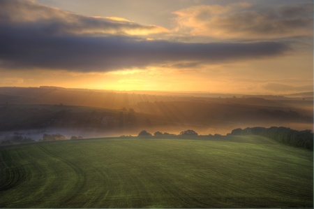 Stunning sunrise over agricultural field landscapeの写真素材