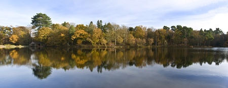 Beautiful Autumn Fall forest reflected in perfect lakeの写真素材