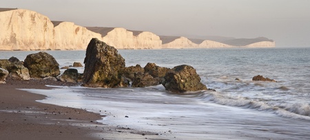 Beautiful seascape of ocean and white cliffs in distanceの写真素材