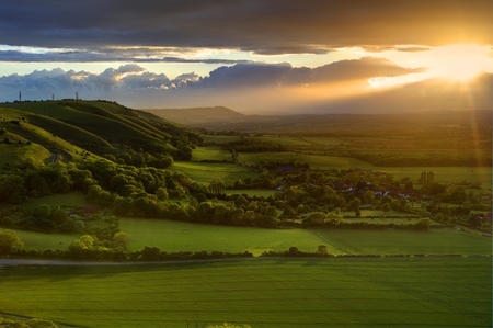 Landscape over English countryside landscape in Summer sunsetの写真素材