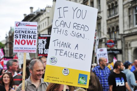 LONDON - JUNE 30; Unidentified teachers protest against proposed pension reforms made by the...