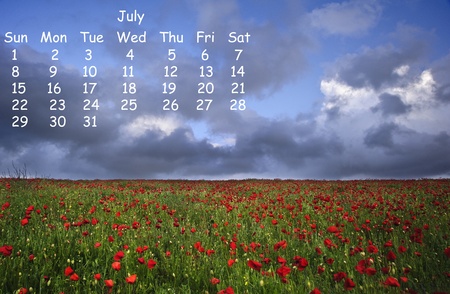 2012 calendar page for July showing vibrant English countryside landscape image