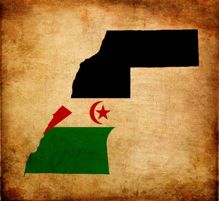 Outline map of Western Sahara with flag and grunge paper effectの写真素材