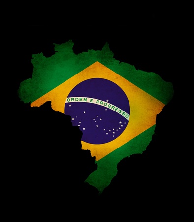 Map outline of  Brazil isolated on black with grunge effect flag insertの写真素材