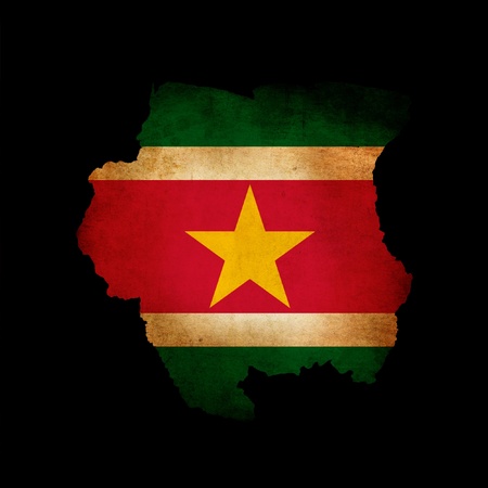 Map outline of Suriname isolated on black with grunge effect flag insertの写真素材