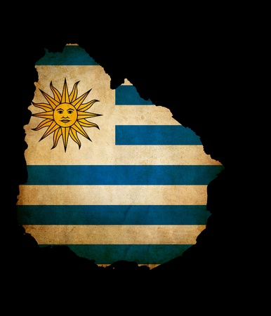 Map outline of Uruguay isolated on black with grunge effect flag insertの写真素材