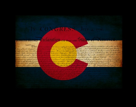USA American Colorado state map outline with grunge ef fect flag insert and Declaration of Independence overlayの写真素材
