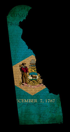 Outline of American USA Delaware state with grunge effect flag insert and overlay of Declaration of Independence documentのeditorial素材