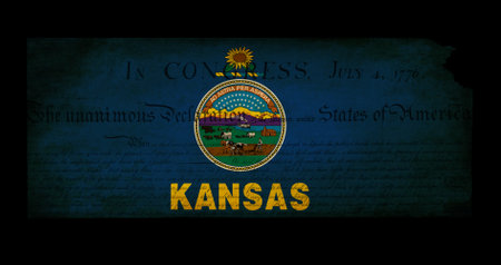 Outline of American USA Kansas state with grunge effect flag insert and overlay of Declaration of Independence documentのeditorial素材