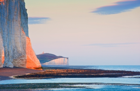 Landscape of Seven Sisters cliffs in South Downs National Park on English coastの写真素材