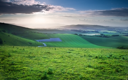 Stunning landscape at sunset over rolling English countrysideの写真素材