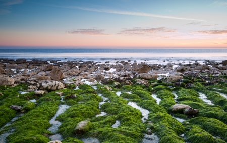 Stunning Summerr sunset over ocean with rocks and vibrant colorsの写真素材