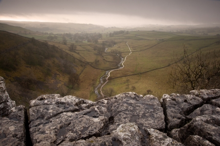 Limestone pavement overlooking Malham Beck and Dale in Yorkshire Dales National Parkの写真素材