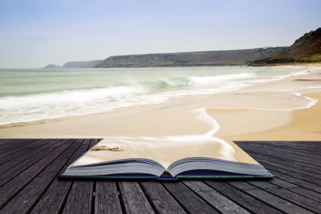Creative concept pages of book Sennen Cove beach before sunset in Cornwall Englandの写真素材