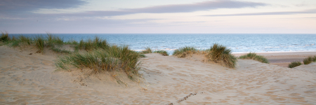 Panorama landscape of sand dunes system on beach at sunriseの写真素材