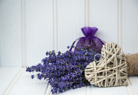 Beautiful lavender bunch in rustic home styled setting with copy spaceの写真素材