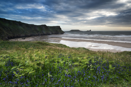 Summer landscape Worm's Head and Rhosilli Bay in Walesの写真素材