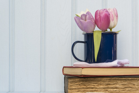 Beautiful Spring flower still life with wooden backgroundの写真素材