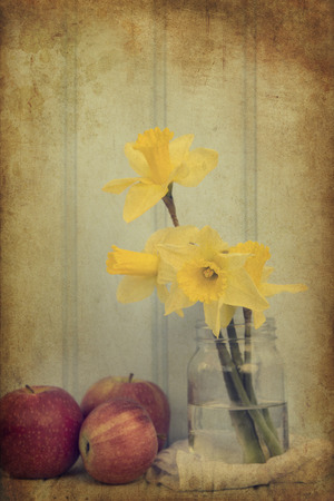 Vintage still life of Spring flowers with aged texture filter effect appliedの写真素材