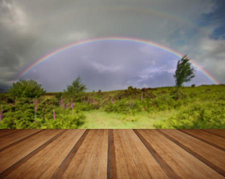 Double rainbow above field on foxgloves in Summer with wooden planks floorの写真素材