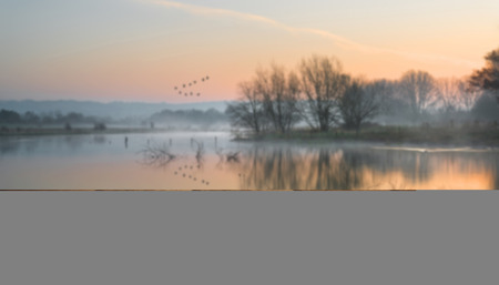 Beautiful tranquil landscape of lake in mist with wooden planks floorの写真素材