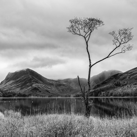 Beautiful Autumn Fall landscape image of Lake Buttermere in Lake District Englandの写真素材