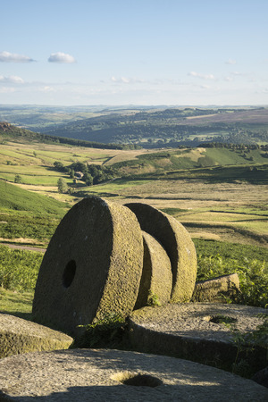 Landscape image of millstones on top of Stanage Edge in Peak Districtの写真素材