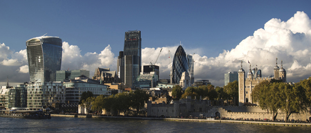 Landscape of City of London on Summer day with vibrant blue sky