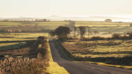Beautiful sunrise orange glow through misty conditions in the landscape of Dartmoorの写真素材