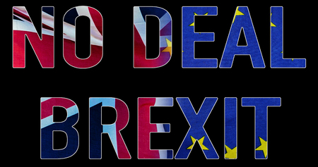 No Deal BREXIT concept image of text over UK and EU flags symbolising destruction of agreementの写真素材