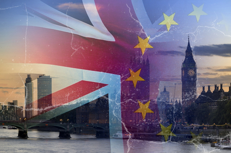 No Deal Brexit concept image of cracks over image of London with UK and EU flags in imageの写真素材