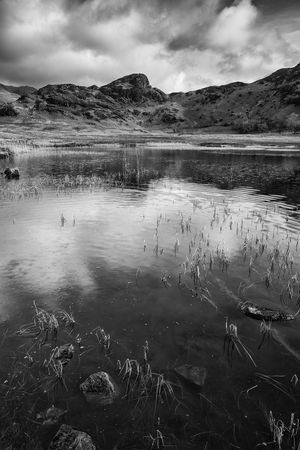 Stunning sunrise landscape image of Blea Tarn in UK Lake District with Langdales Range in background in black and whiteの写真素材