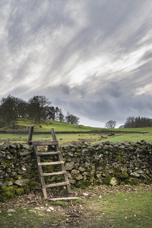 Beautiful landscape image of Loughrigg Tarn in UK Lake District during moody evening in Springの写真素材