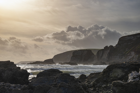 Beautiful late evening Spring landscape image of Ayrmer Cove on Devon coastline in Englandの写真素材