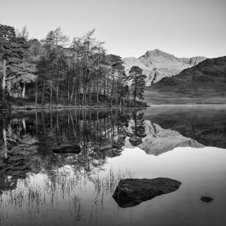 Stunning Autumn Fall vibrant sunrise over Blea Tarn in the Lake District with High Raise and The Langdales in the distanceの写真素材