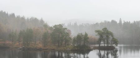 Beautiful peaceful Autumn Fall landscape of woodland and lake with mist fog during early morningの写真素材