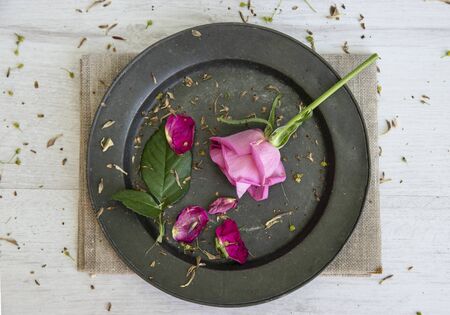 Flat lay top down view image of romantic vintage look of flower petals still life on rustic old worn backgroundの写真素材