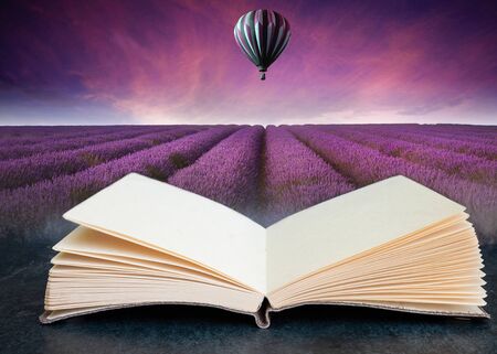 Conceptual composite open book image of Beautiful image of lavender field Summer sunset landscape with hot air balloonの写真素材