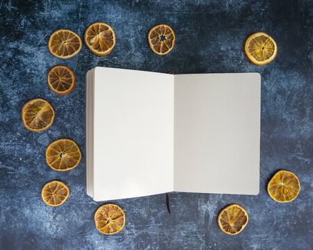 Blank open pages of book surrounded with dried orage fruit slices on textured blue vintage...