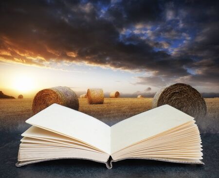 Digital composite concept image of open book wth Lovely sunset golden hour landscape of hay bales in...
