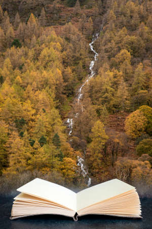 Digital composite image of Beautiful Autumn Fall landscape of larch tree forest with river and...