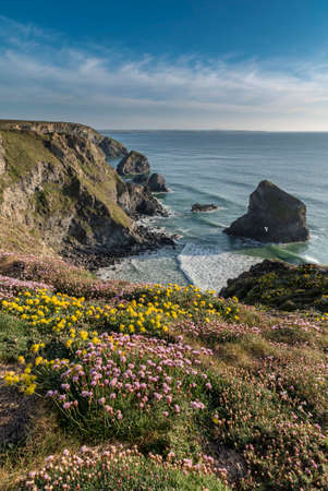 Stunning landscape image during golden hour on Cornwall coastline at Bedruthan Steps
